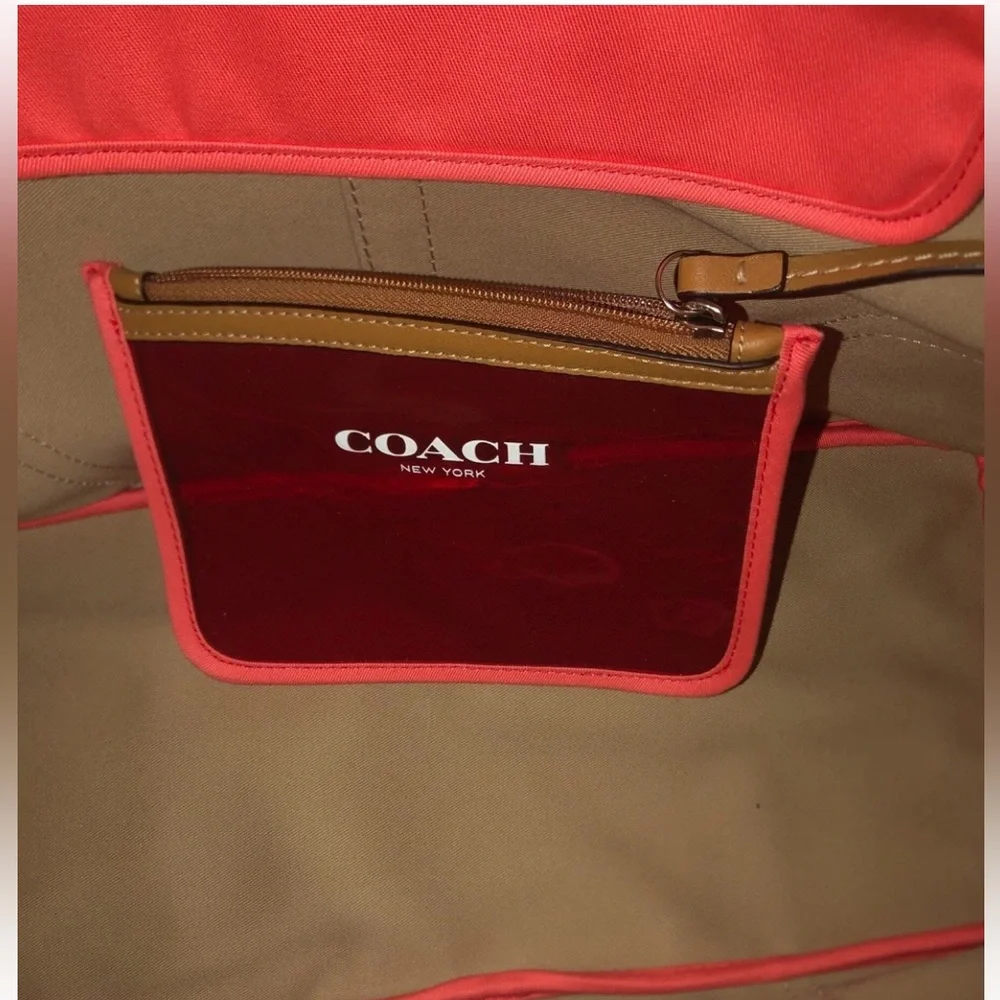 COACH Hadley Variegated Coral & Beige Striped Canvas Leather Duffel Tote Bag